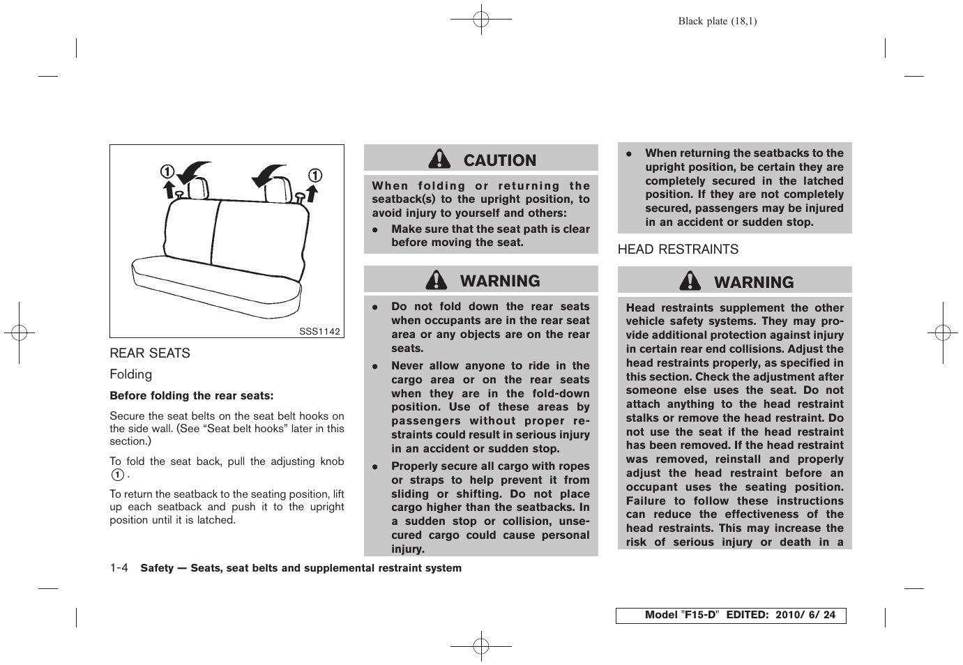 Rear seats -4 head restraints -4, Caution, Warning | NISSAN 2011 JUKE - Owner's Manual User Manual | Page 20 / 345