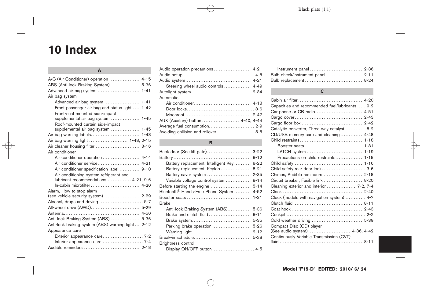 Index, 10 index | NISSAN 2011 JUKE - Owner's Manual User Manual | Page 337 / 345