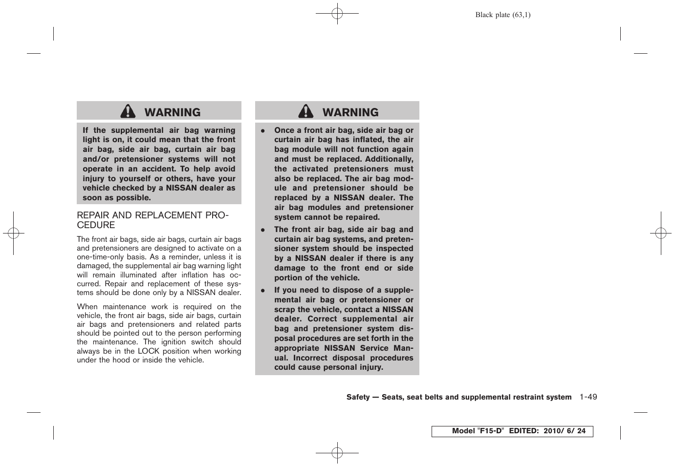 Repair and replacement procedure -49, Warning | NISSAN 2011 JUKE - Owner's Manual User Manual | Page 65 / 345