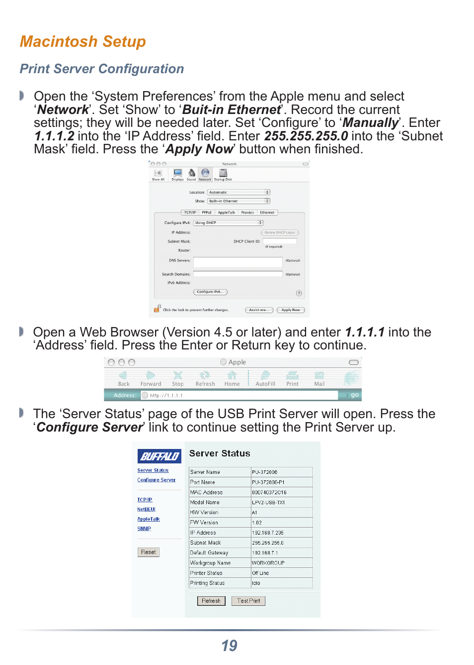 19 macintosh setup | Buffalo Technology LPV2-USB-TX1 User Manual | Page 19 / 24