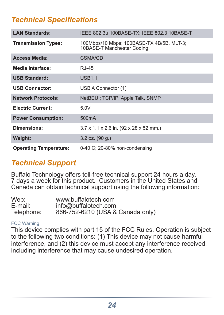 Technical support, Technical speciﬁcations | Buffalo Technology LPV2-USB-TX1 User Manual | Page 24 / 24