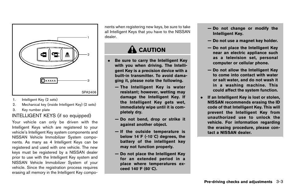 Intelligent keys (if so equipped) -3, Caution | NISSAN 2012 JUKE - Owner's Manual User Manual | Page 125 / 347