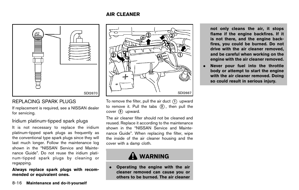 Replacing spark plugs -16, Air cleaner -16, Warning | NISSAN 2012 JUKE - Owner's Manual User Manual | Page 294 / 347