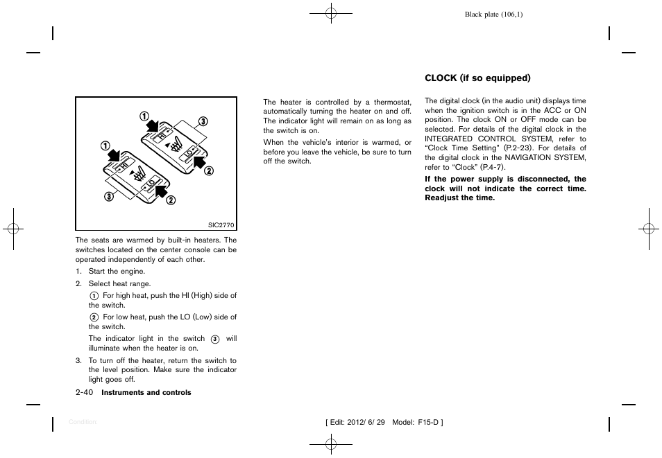 Clock (if so equipped) -40 | NISSAN 2013 JUKE - Owner's Manual User Manual | Page 108 / 347