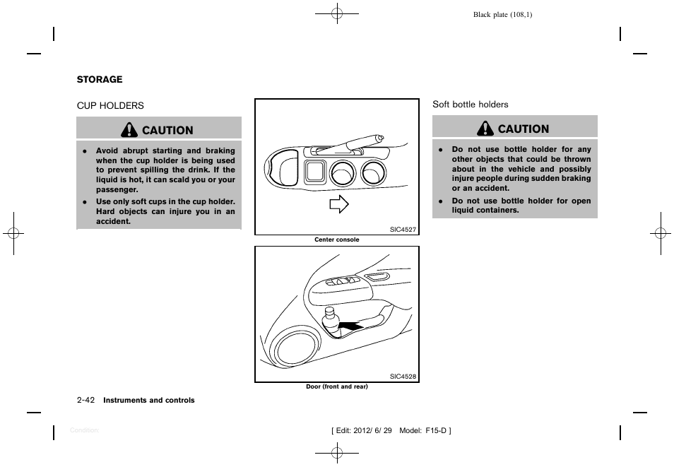 Storage -42, Cup holders -42, Caution | NISSAN 2013 JUKE - Owner's Manual User Manual | Page 110 / 347
