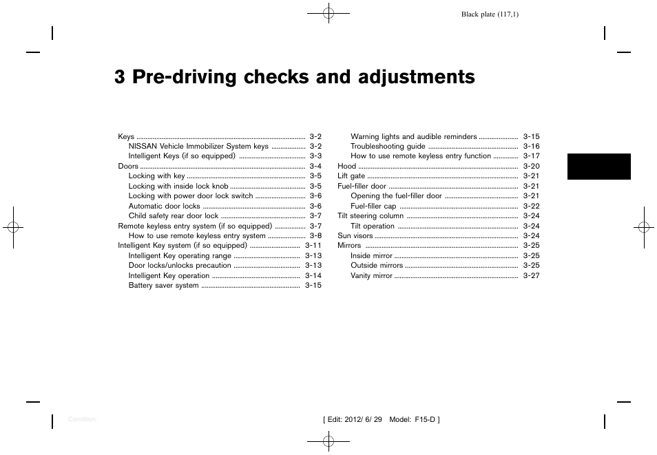 Pre-driving checks and adjustments, 3 pre-driving checks and adjustments | NISSAN 2013 JUKE - Owner's Manual User Manual | Page 119 / 347