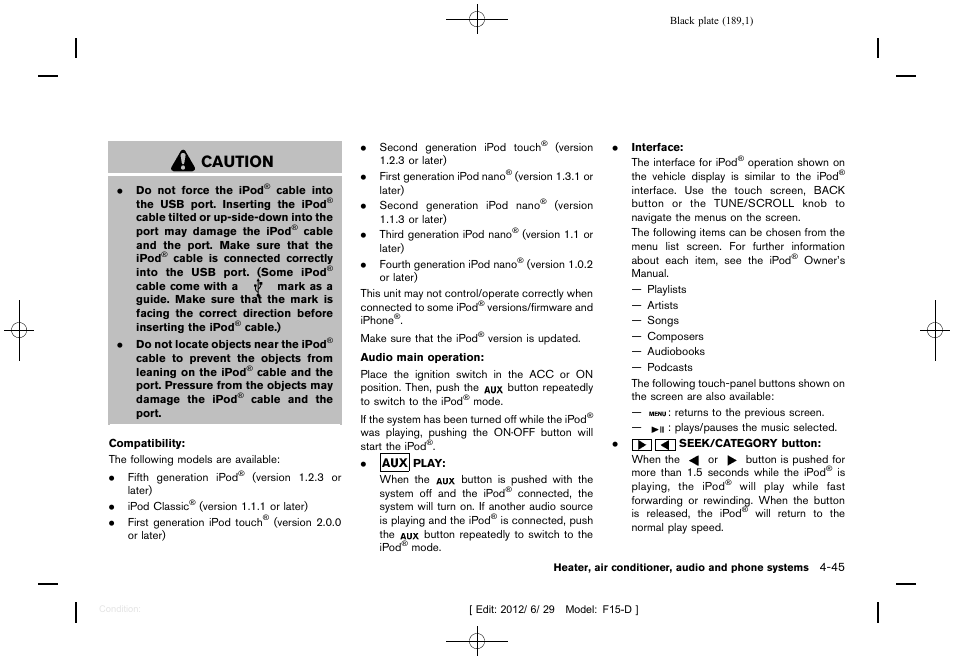 Caution | NISSAN 2013 JUKE - Owner's Manual User Manual | Page 191 / 347