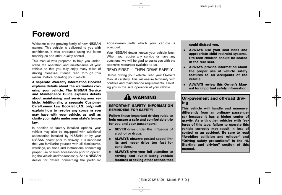 Foreword, Warning | NISSAN 2013 JUKE - Owner's Manual User Manual | Page 2 / 347