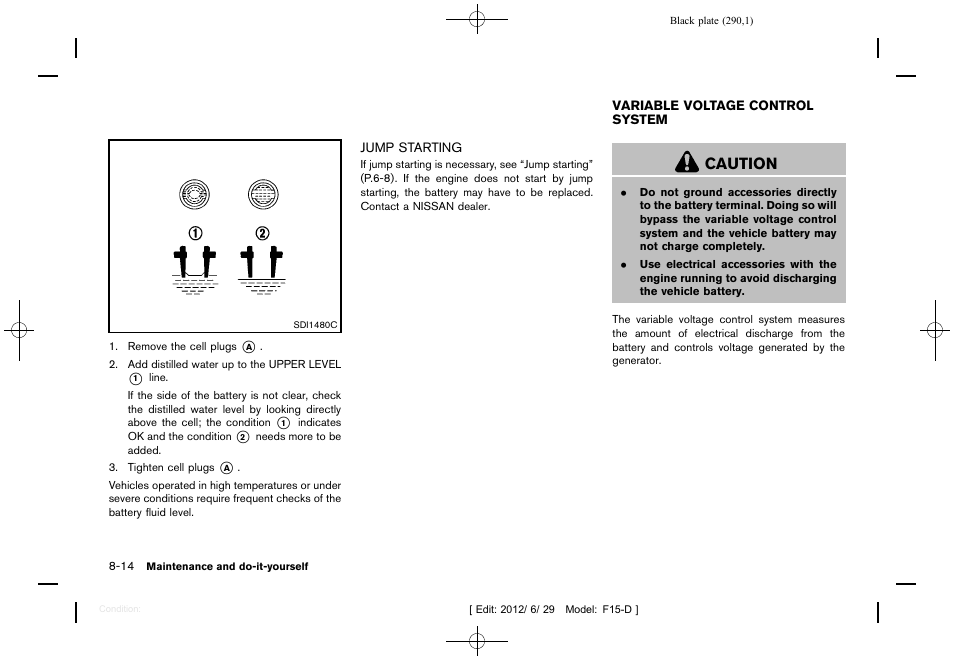 Jump starting -14, Variable voltage control system -14, Caution | NISSAN 2013 JUKE - Owner's Manual User Manual | Page 292 / 347