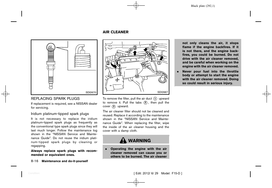 Replacing spark plugs -16, Air cleaner -16, Warning | NISSAN 2013 JUKE - Owner's Manual User Manual | Page 294 / 347