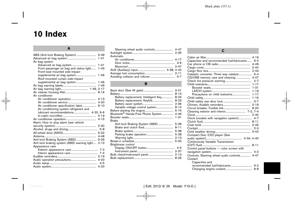 Index, 10 index | NISSAN 2013 JUKE - Owner's Manual User Manual | Page 339 / 347