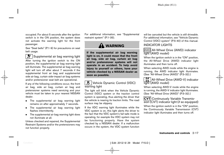Indicator lights -17, Warning | NISSAN 2013 JUKE - Owner's Manual User Manual | Page 85 / 347