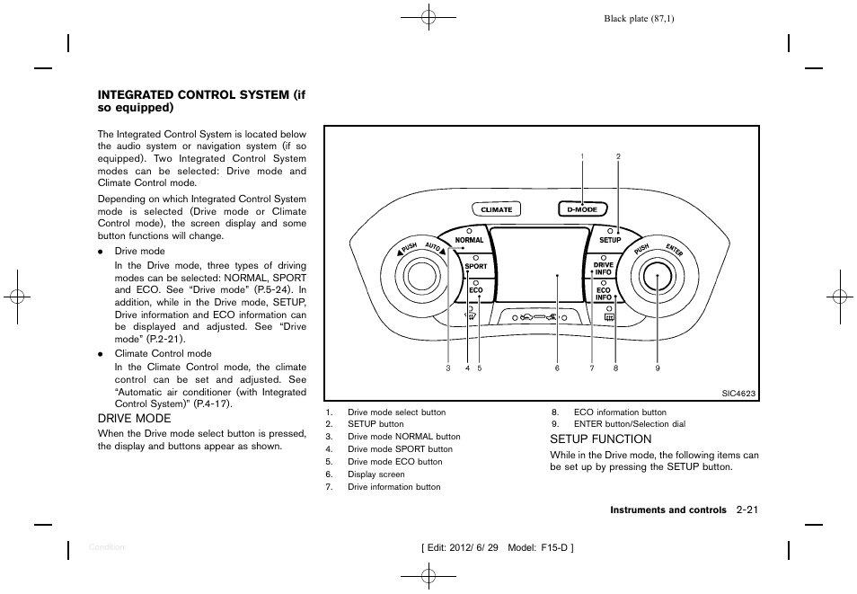 Integrated control system (if so equipped) -21, Drive mode -21 setup function -21 | NISSAN 2013 JUKE - Owner's Manual User Manual | Page 89 / 347