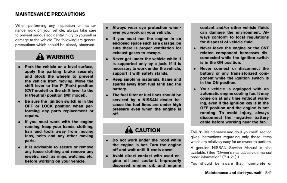 Maintenance precautions -5, Warning, Caution | NISSAN 2015 JUKE - Owner's Manual User Manual | Page 314 / 384