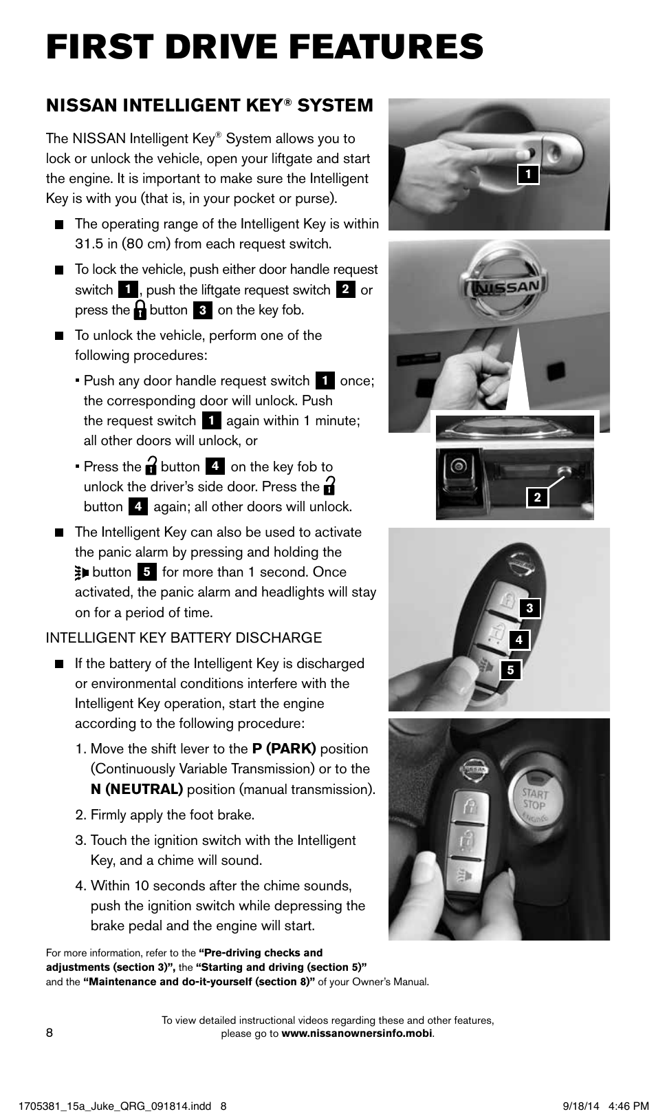 First drive features, Nissan intelligent key, System | NISSAN 2015 JUKE - Quick Reference Guide User Manual | Page 10 / 28