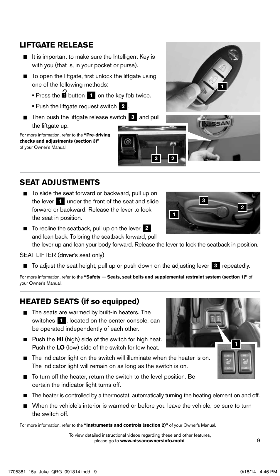 Liftgate release, Heated seats (if so equipped), Seat adjustments | NISSAN 2015 JUKE - Quick Reference Guide User Manual | Page 11 / 28