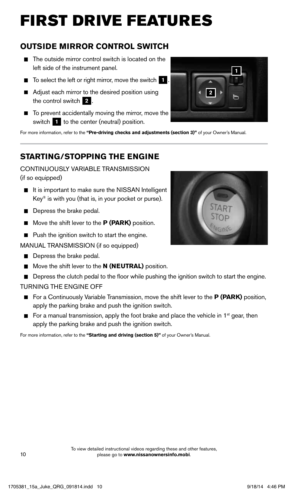 First drive features, Starting/stopping the engine, Outside mirror control switch | NISSAN 2015 JUKE - Quick Reference Guide User Manual | Page 12 / 28