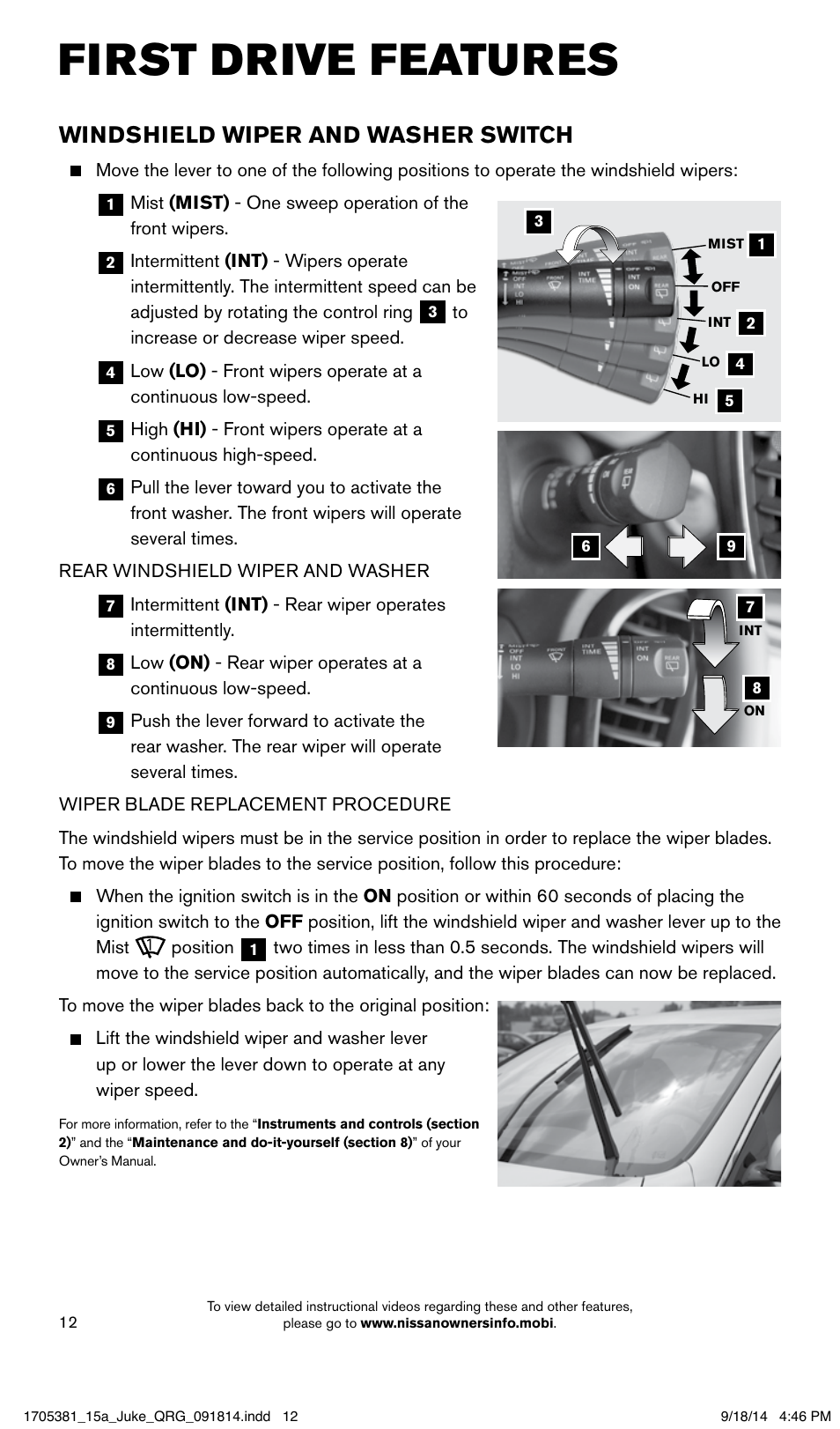 First drive features, Windshield wiper and washer switch | NISSAN 2015 JUKE - Quick Reference Guide User Manual | Page 14 / 28