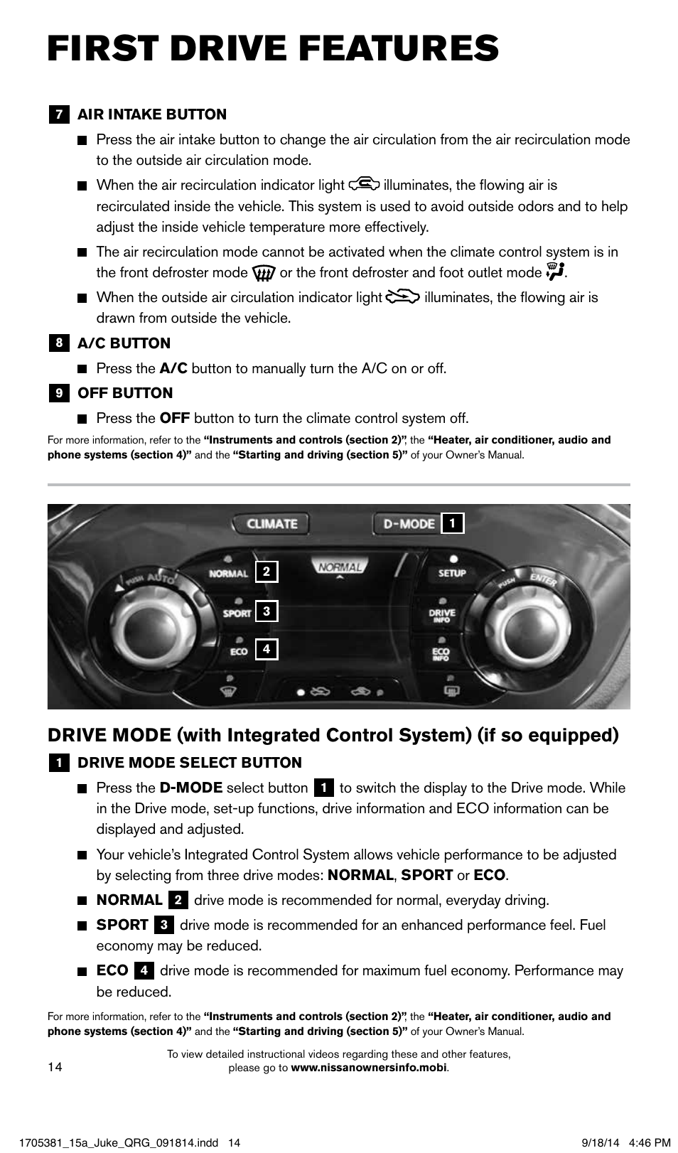 First drive features | NISSAN 2015 JUKE - Quick Reference Guide User Manual | Page 16 / 28