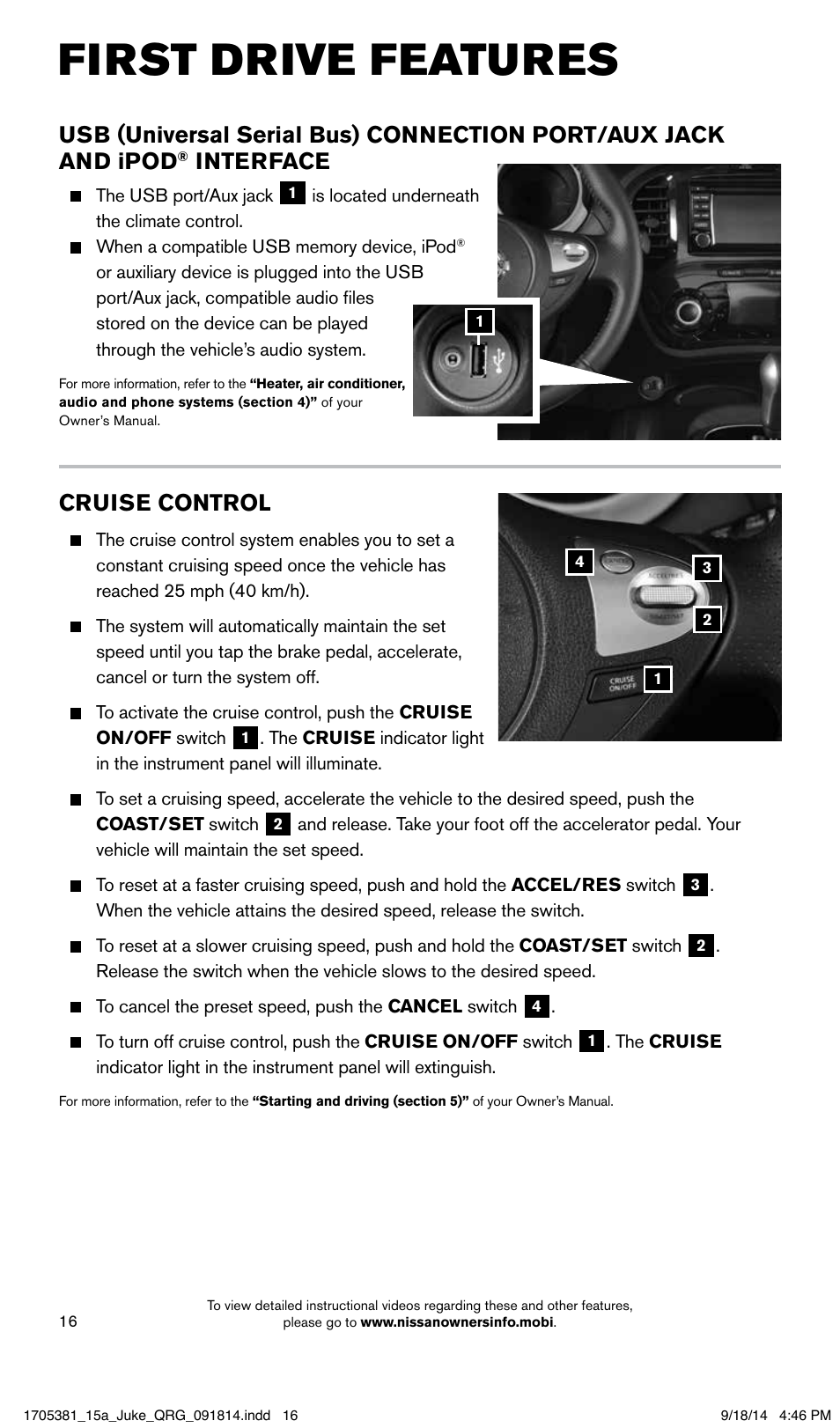 First drive features, Cruise control, Interface | NISSAN 2015 JUKE - Quick Reference Guide User Manual | Page 18 / 28