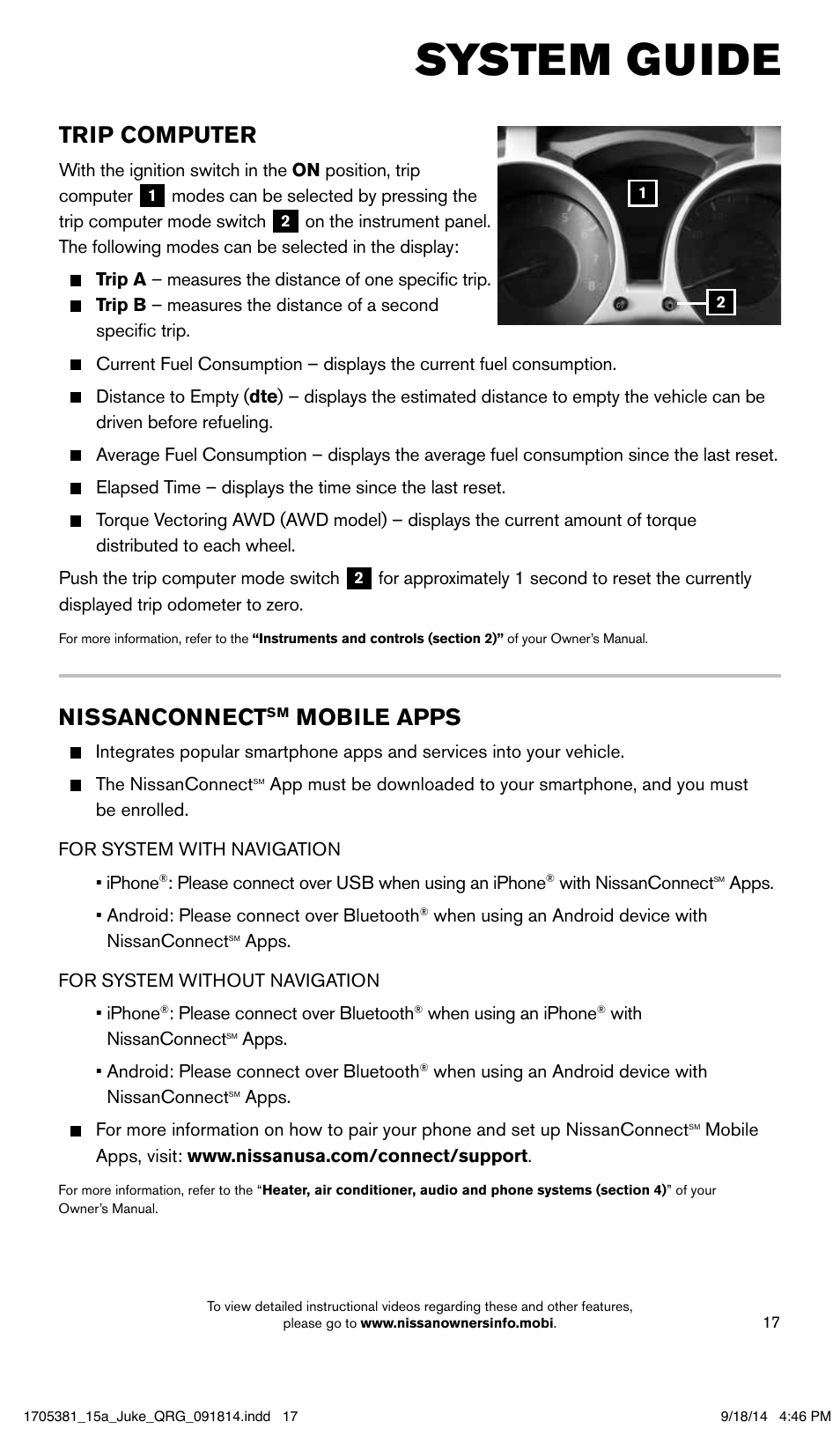 System guide, Trip computer, Nissanconnect | Mobile apps | NISSAN 2015 JUKE - Quick Reference Guide User Manual | Page 19 / 28