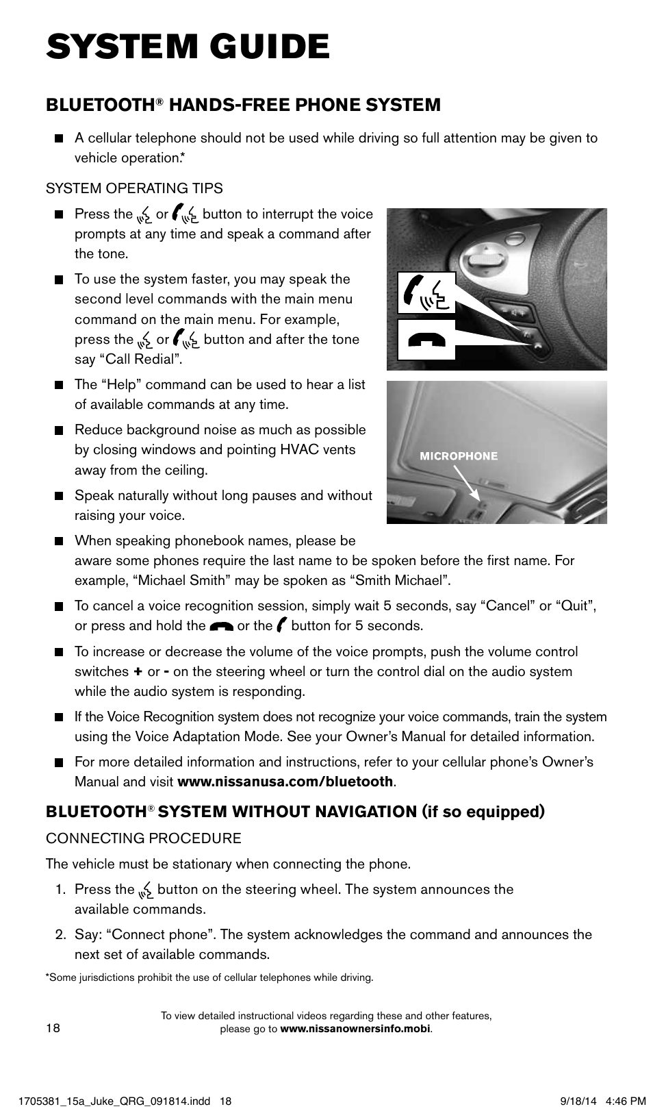 System guide, Bluetooth, Hands-free phone system | NISSAN 2015 JUKE - Quick Reference Guide User Manual | Page 20 / 28