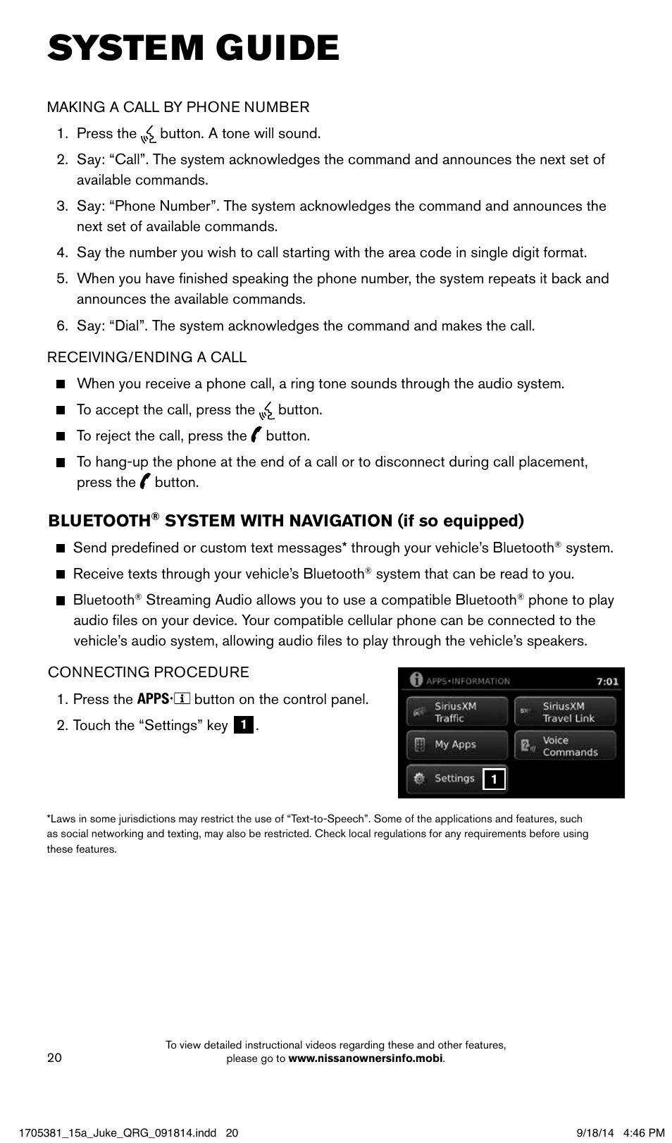 System guide | NISSAN 2015 JUKE - Quick Reference Guide User Manual | Page 22 / 28