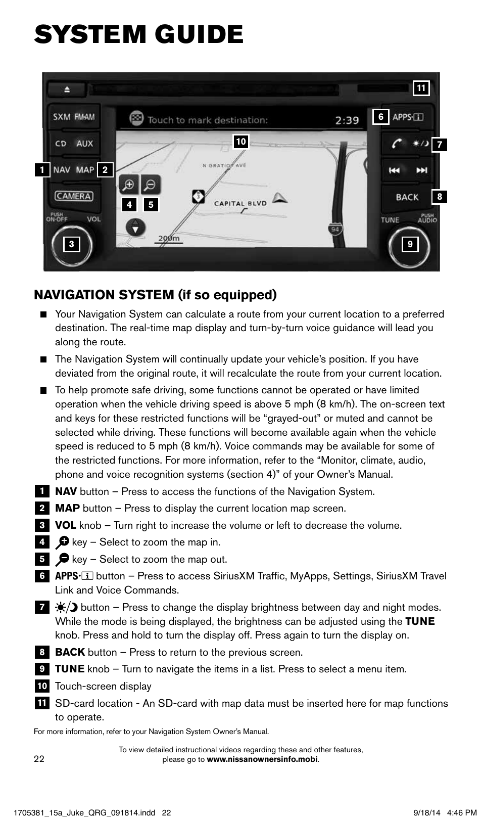 System guide, Navigation system (if so equipped) | NISSAN 2015 JUKE - Quick Reference Guide User Manual | Page 24 / 28