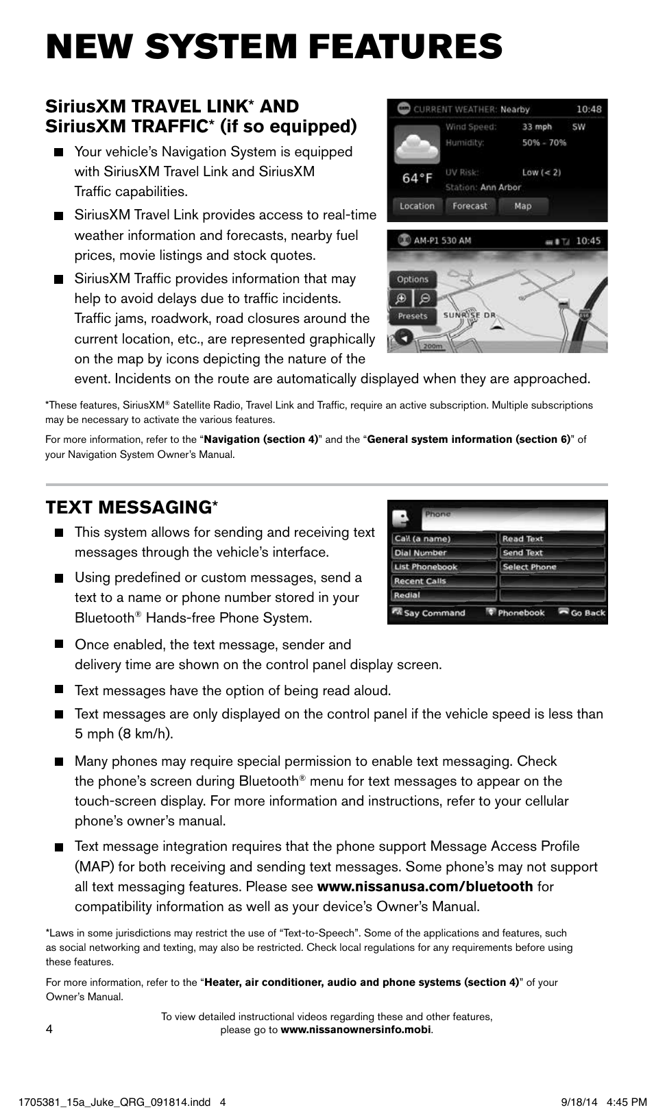 New system features, Text messaging | NISSAN 2015 JUKE - Quick Reference Guide User Manual | Page 6 / 28