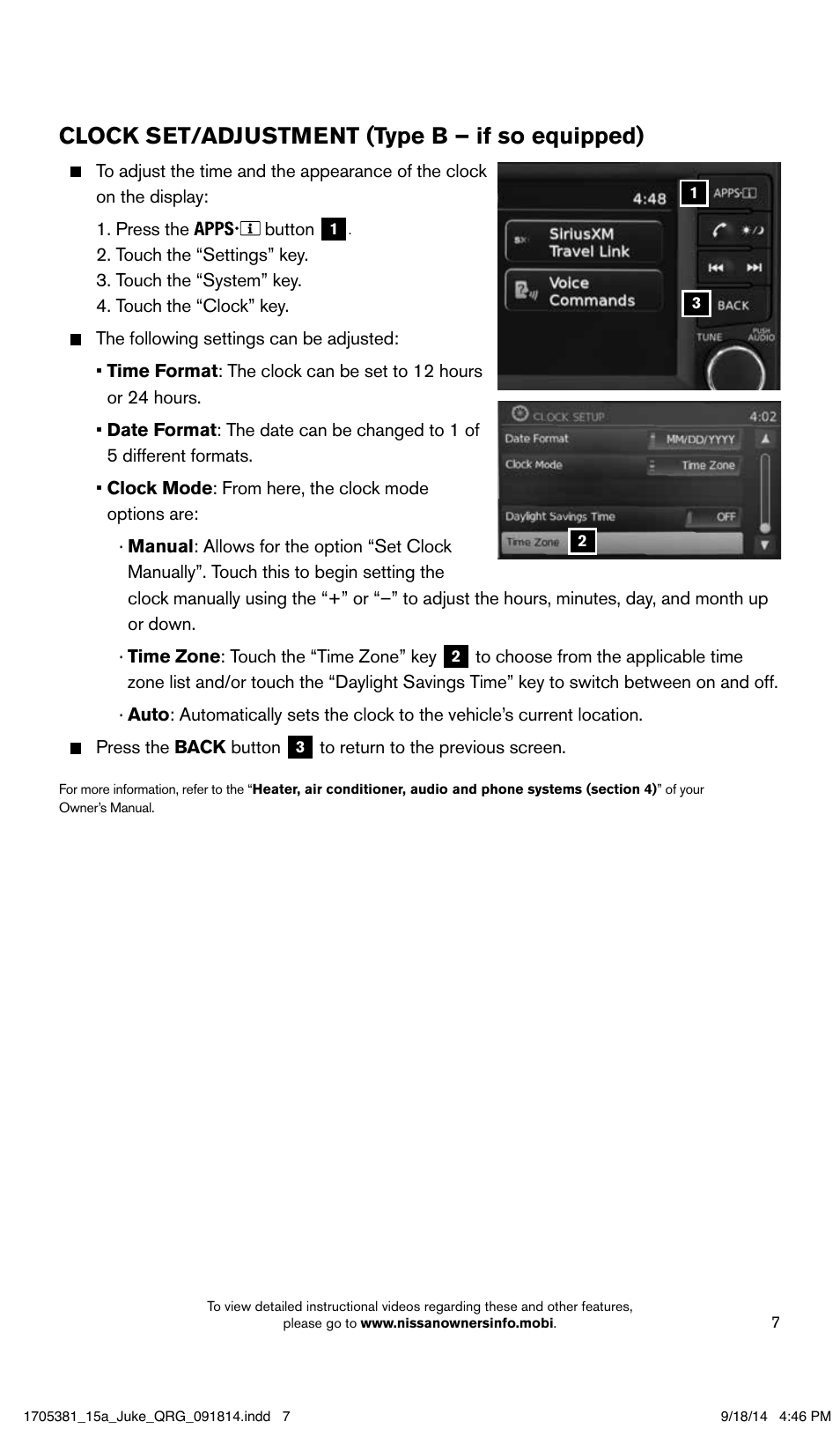 Clock set/adjustment (type b – if so equipped) | NISSAN 2015 JUKE - Quick Reference Guide User Manual | Page 9 / 28