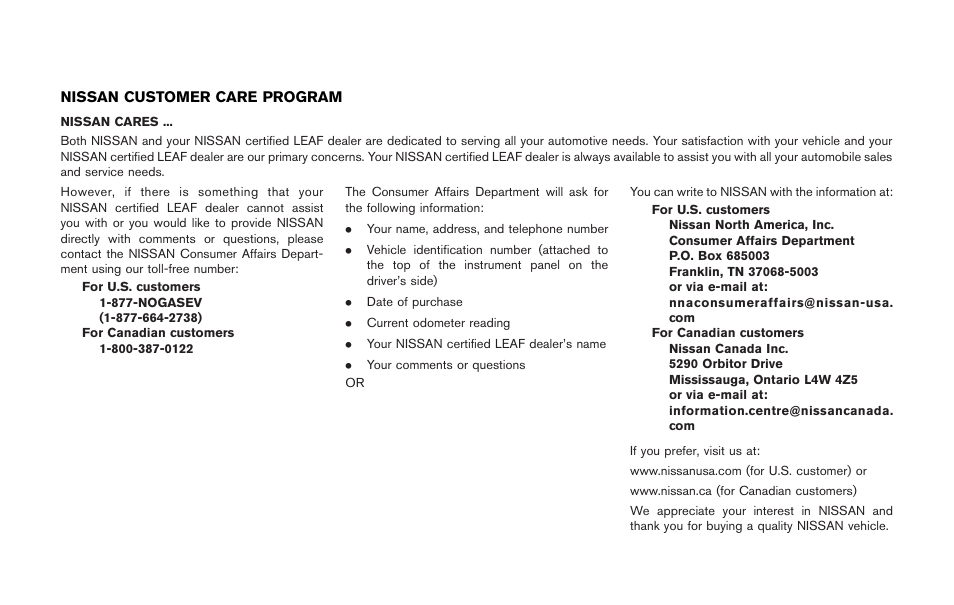 NISSAN 2011 LEAF - Owner's Manual User Manual | Page 10 / 354