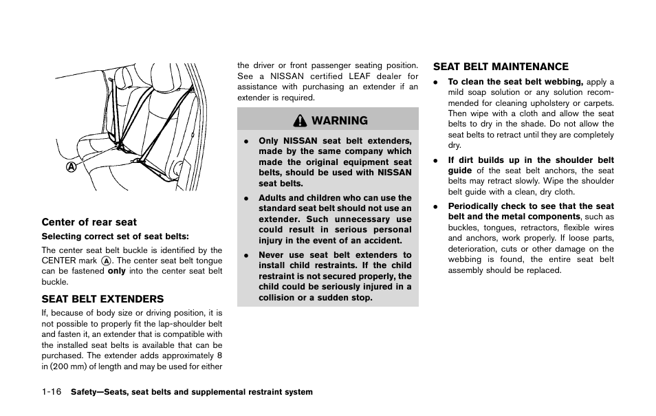 Seat belt extenders -16 seat belt maintenance -16 | NISSAN 2011 LEAF - Owner's Manual User Manual | Page 101 / 354