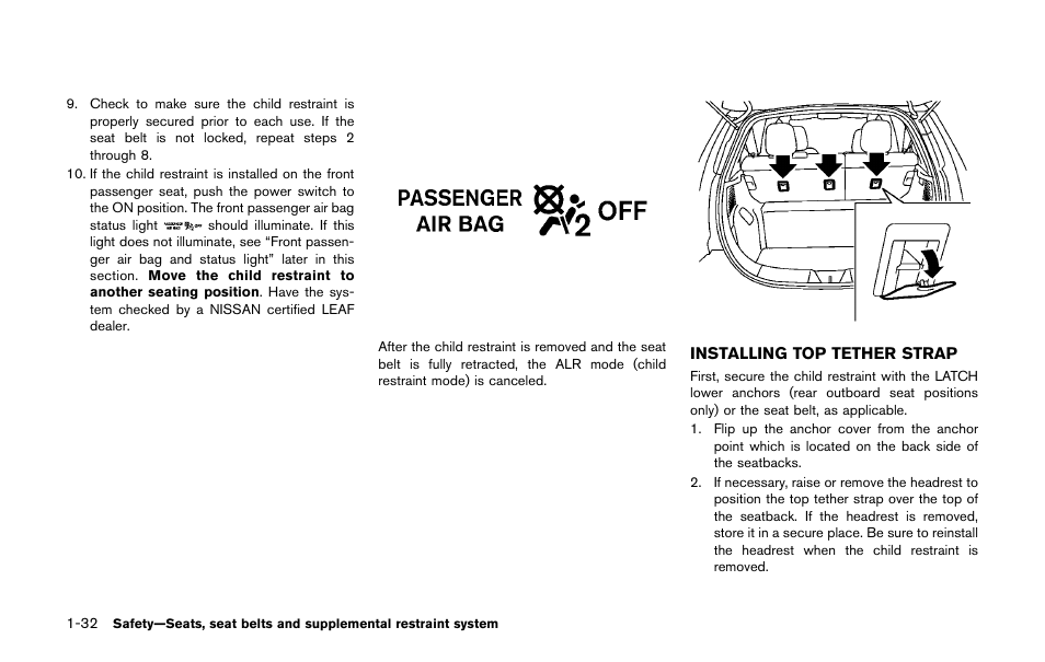 Installing top tether strap -32 | NISSAN 2011 LEAF - Owner's Manual User Manual | Page 117 / 354