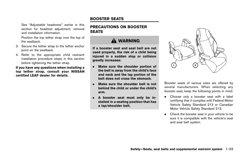 Booster seats -33, Precautions on booster seats -33, Warning | NISSAN 2011 LEAF - Owner's Manual User Manual | Page 118 / 354