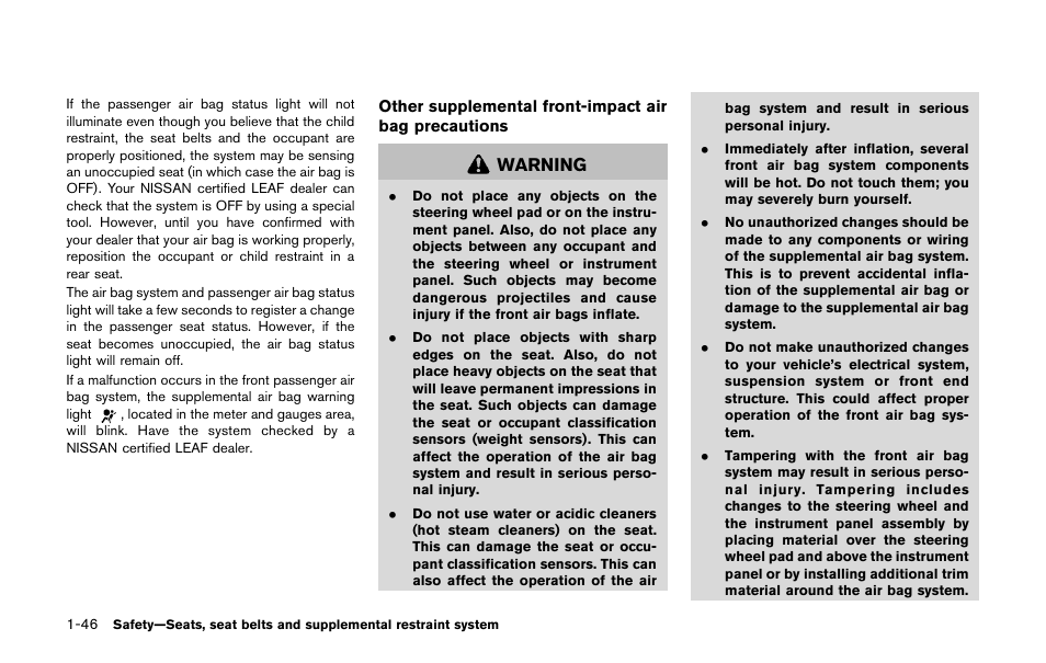 Warning | NISSAN 2011 LEAF - Owner's Manual User Manual | Page 131 / 354