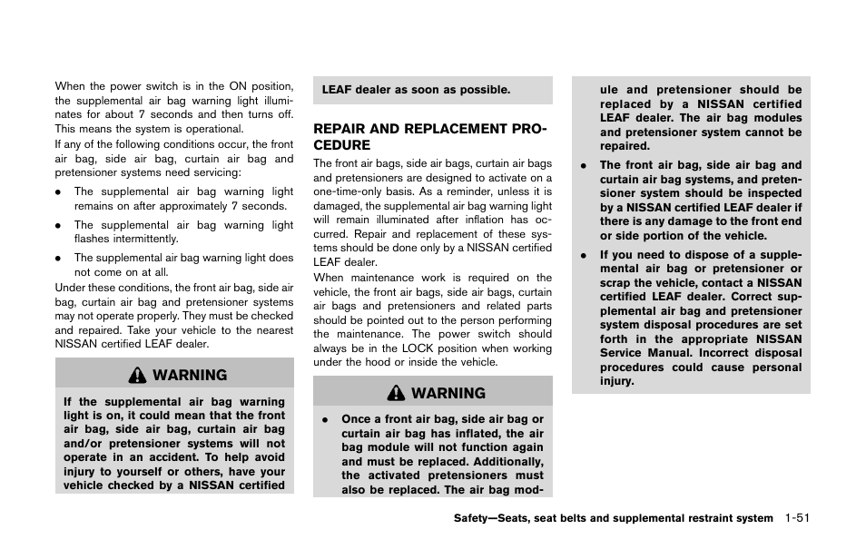 Repair and replacement procedure -51, Warning | NISSAN 2011 LEAF - Owner's Manual User Manual | Page 136 / 354