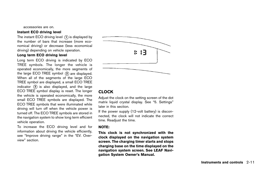 Clock -11 | NISSAN 2011 LEAF - Owner's Manual User Manual | Page 148 / 354