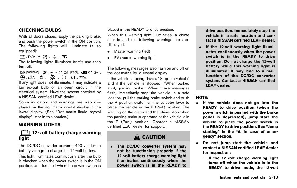 Checking bulbs -13 warning lights -13, Caution | NISSAN 2011 LEAF - Owner's Manual User Manual | Page 150 / 354