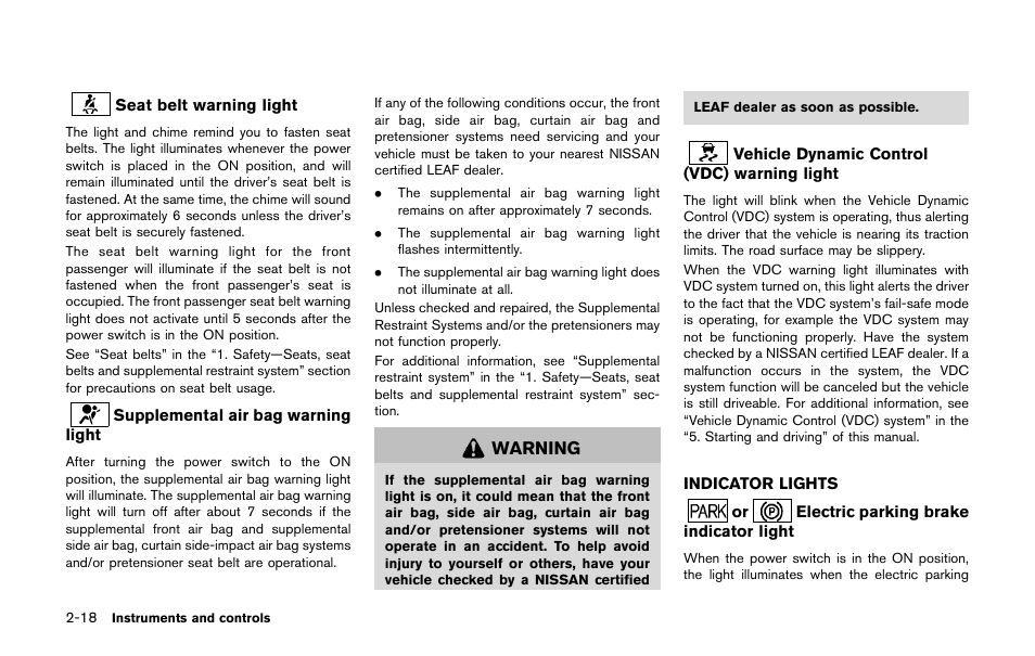 Indicator lights -18 | NISSAN 2011 LEAF - Owner's Manual User Manual | Page 155 / 354