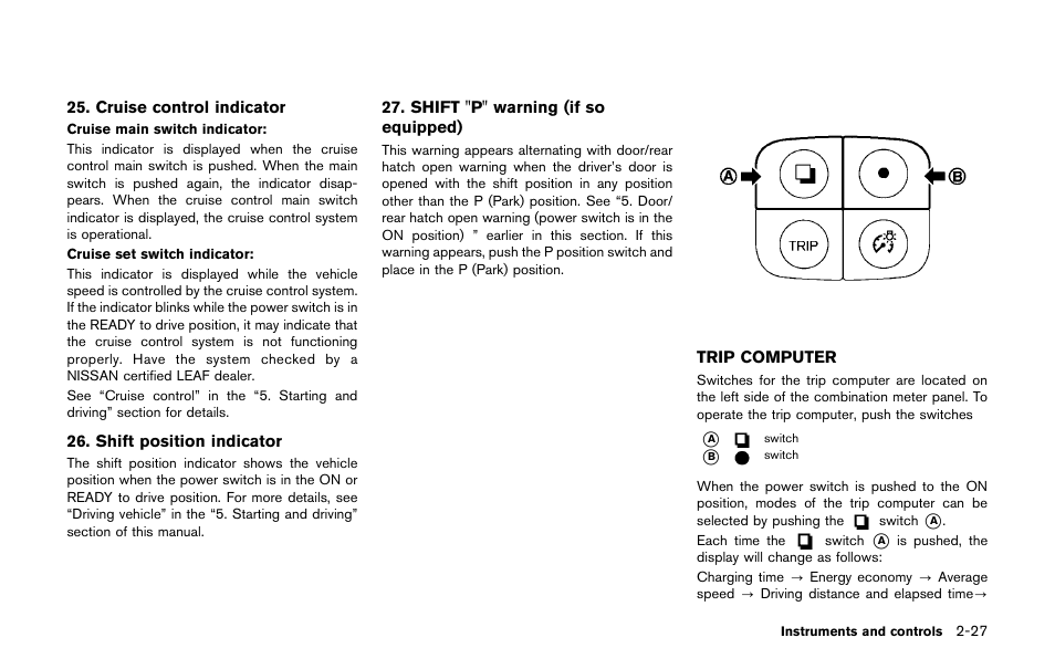 Trip computer -27 | NISSAN 2011 LEAF - Owner's Manual User Manual | Page 164 / 354