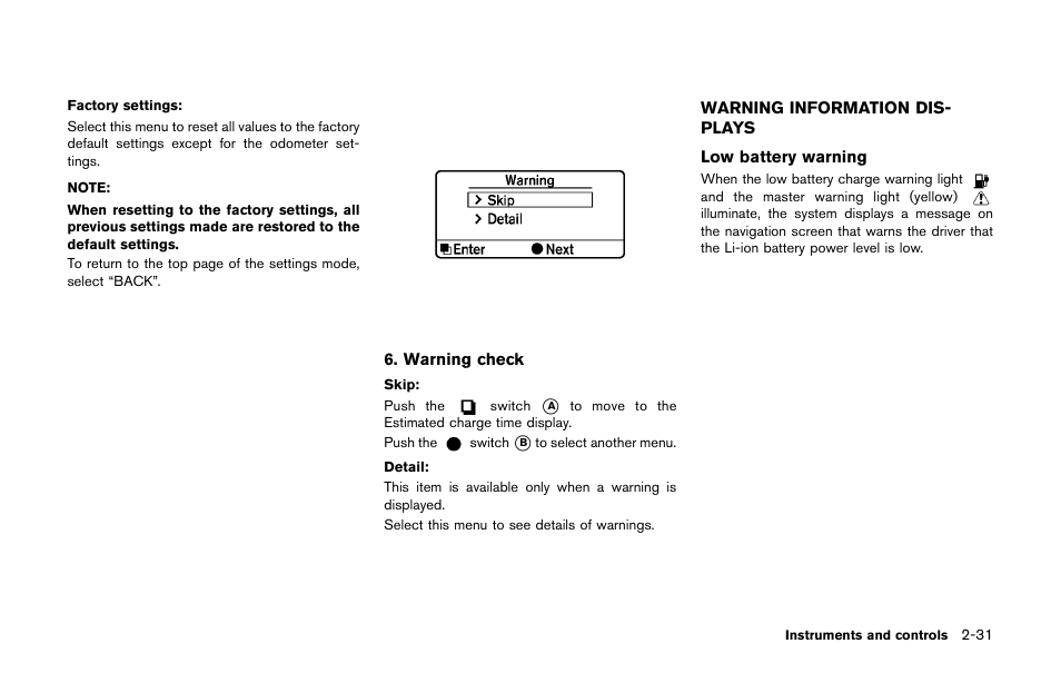 Warning information displays -31 | NISSAN 2011 LEAF - Owner's Manual User Manual | Page 168 / 354