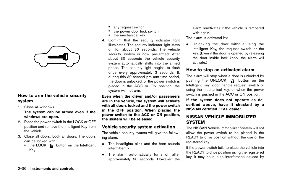 Nissan vehicle immobilizer system -36 | NISSAN 2011 LEAF - Owner's Manual User Manual | Page 173 / 354