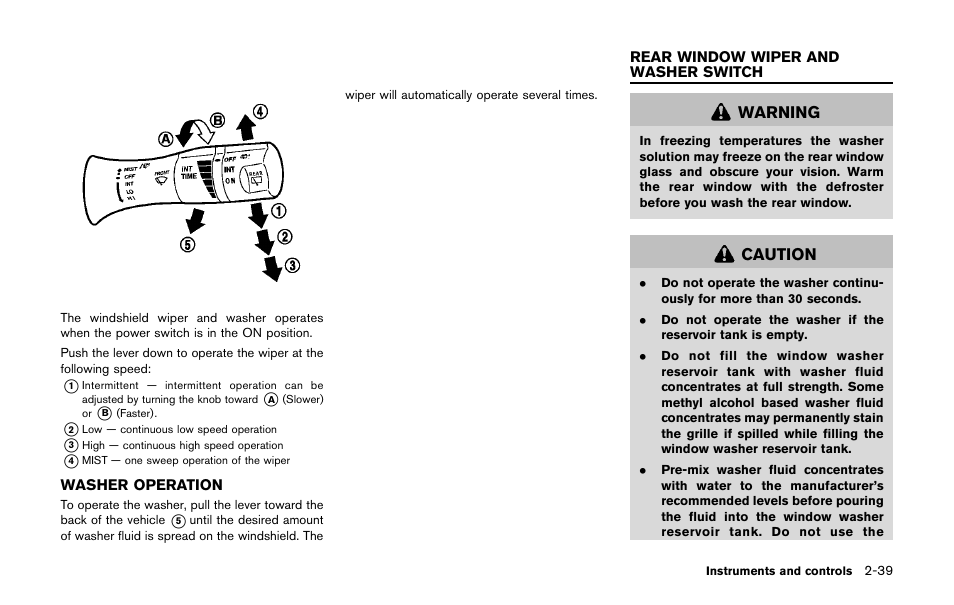 Washer operation -39, Rear window wiper and washer switch -39 | NISSAN 2011 LEAF - Owner's Manual User Manual | Page 176 / 354