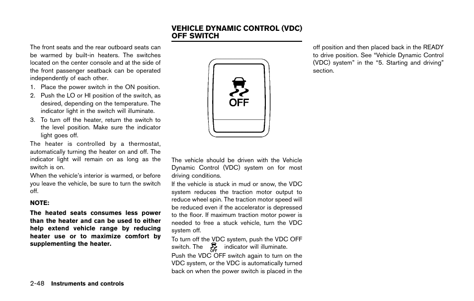 Vehicle dynamic control (vdc) off switch -48 | NISSAN 2011 LEAF - Owner's Manual User Manual | Page 185 / 354