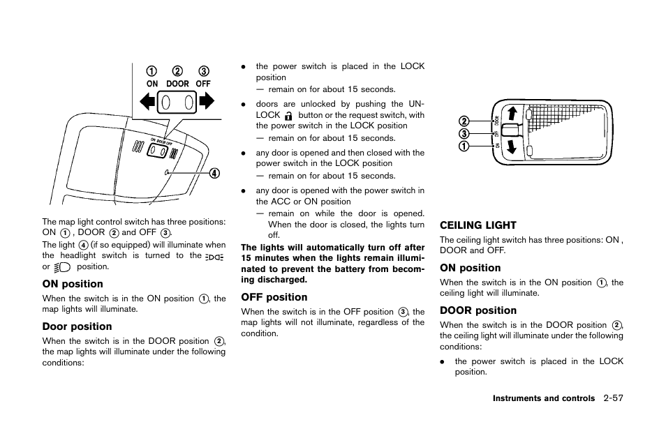 Ceiling light -57 | NISSAN 2011 LEAF - Owner's Manual User Manual | Page 194 / 354