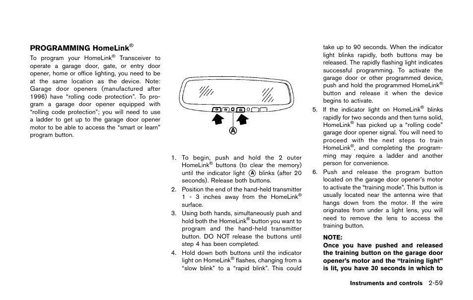 Programming homelink | NISSAN 2011 LEAF - Owner's Manual User Manual | Page 196 / 354