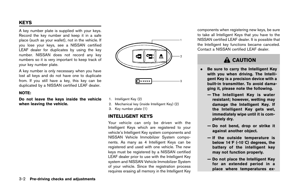 Keys -2, Intelligent keys, Caution | NISSAN 2011 LEAF - Owner's Manual User Manual | Page 201 / 354