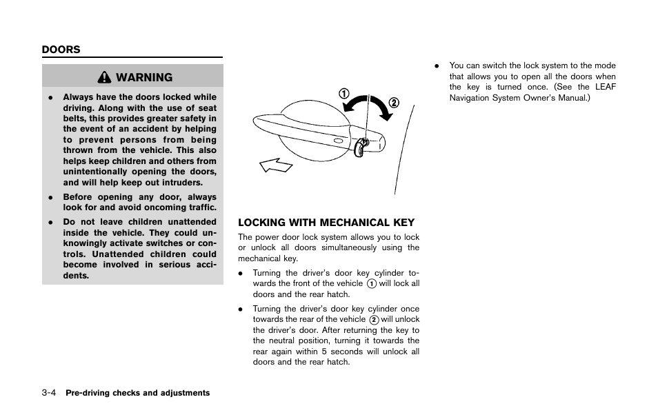 Doors -4, Locking with mechanical key -4 | NISSAN 2011 LEAF - Owner's Manual User Manual | Page 203 / 354