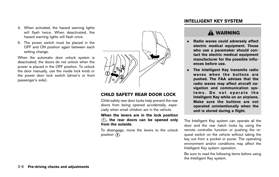 Child safety rear door lock -6, Intelligent key system -6, Warning | NISSAN 2011 LEAF - Owner's Manual User Manual | Page 205 / 354