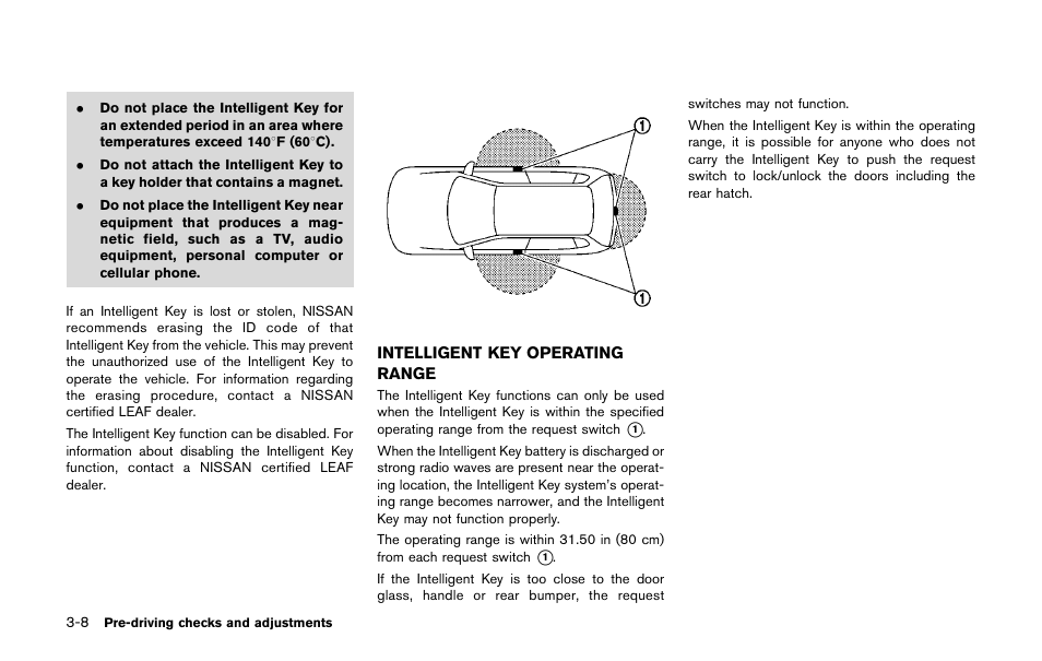 Intelligent key operating range -8 | NISSAN 2011 LEAF - Owner's Manual User Manual | Page 207 / 354